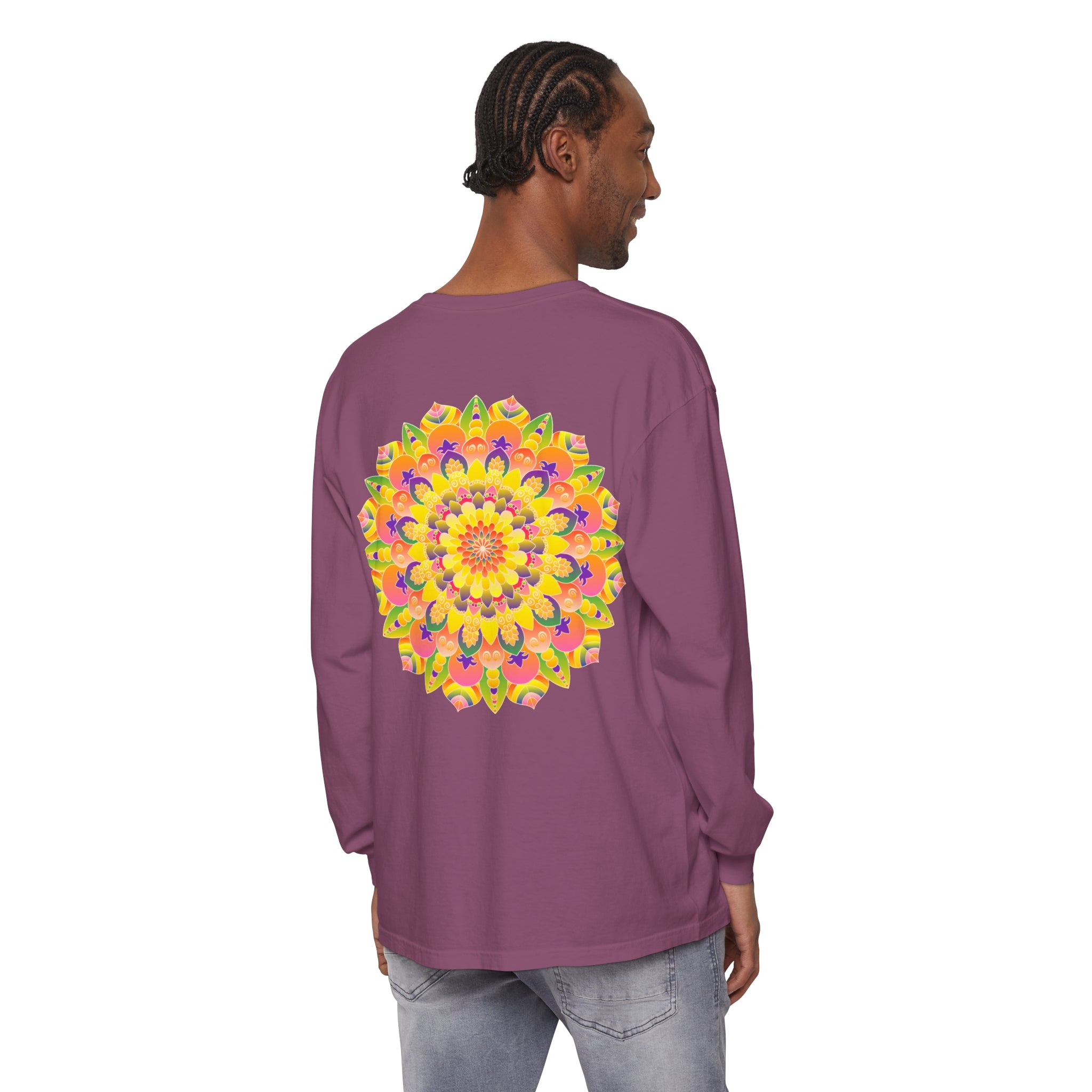 Colorful and intricate mandala design on a unisex long sleeve t-shirt