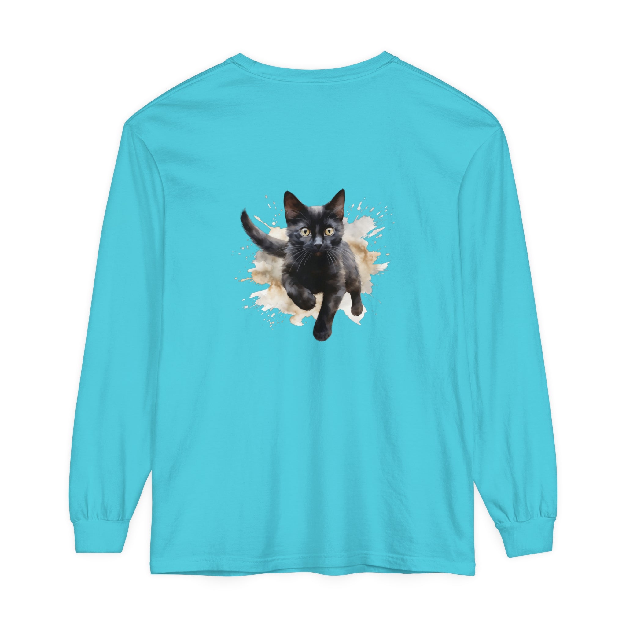 Black Cat Watercolor Splash T-Shirt with vibrant colors and playful design