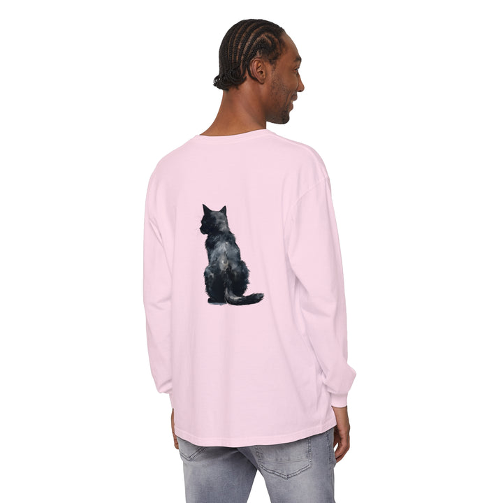 Black Cat Watercolor Long Sleeve T-Shirt featuring a stunning watercolor design of a black cat on a soft, comfortable long sleeve shirt