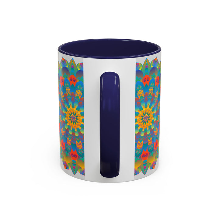 Vibrant yellow, orange, and blue mandala art mug, perfect for adding a pop of color to your morning coffee routine