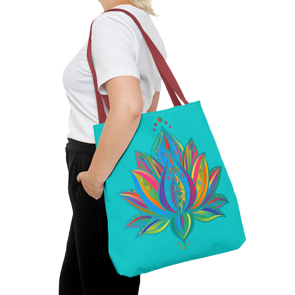 Beautiful azure Mandala Lotus Tote Bag with intricate design and spacious interior