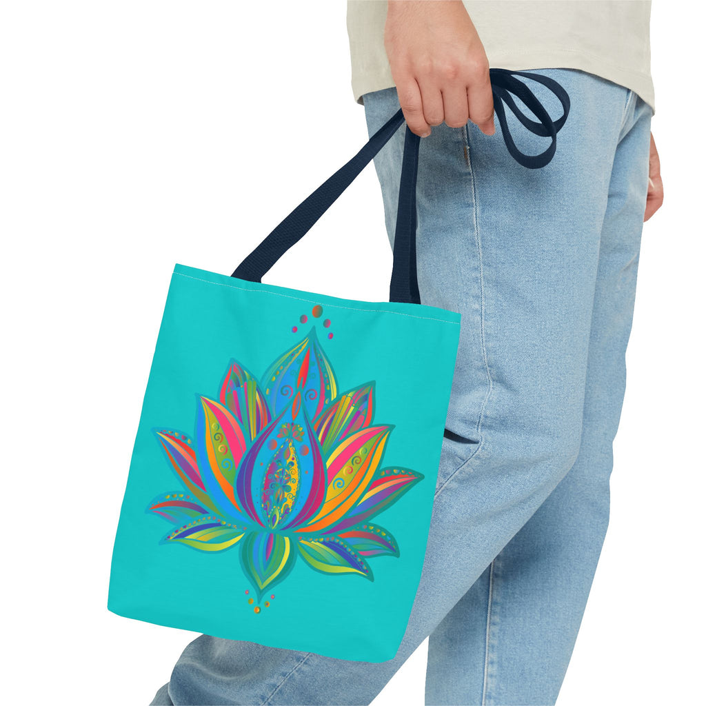 Beautiful azure blue Mandala Lotus Tote Bag with intricate design and spacious interior