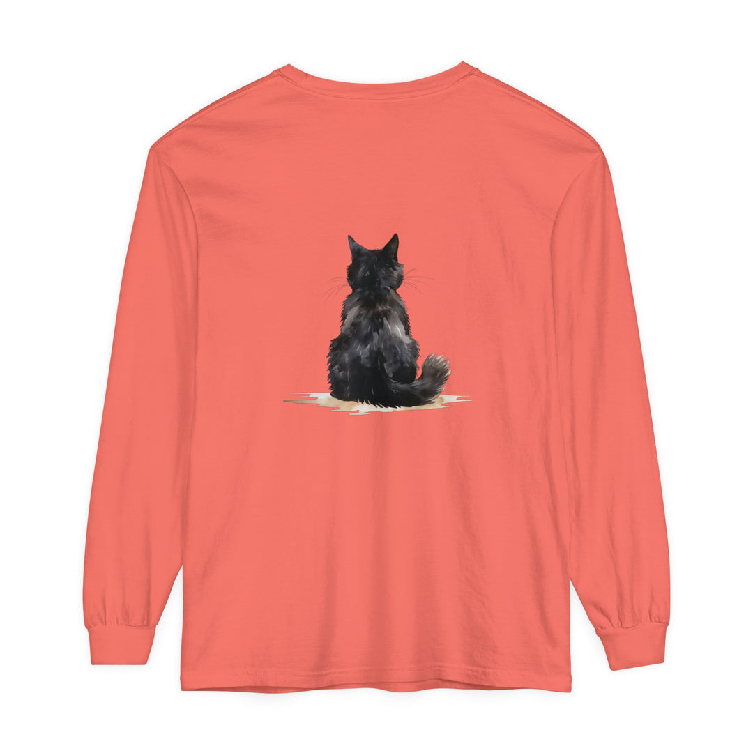 Black Cat Watercolor Unisex Long Sleeve T-Shirt - Comfortable and stylish t-shirt featuring a unique black cat watercolor design, perfect for both men and women