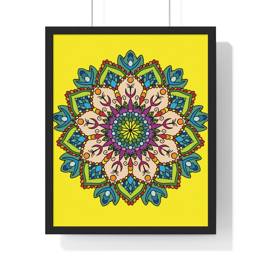 A vertical framed poster featuring a vibrant yellow mandala, hand-drawn with intricate details, perfect for mindfulness and yoga enthusiasts