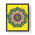 A vertical framed poster featuring a vibrant yellow mandala, hand-drawn with intricate details, perfect for mindfulness and yoga enthusiasts