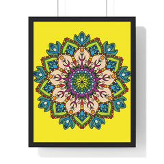 A vertical framed poster featuring a vibrant yellow mandala, hand-drawn with intricate details, perfect for mindfulness and yoga enthusiasts