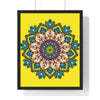 A vertical framed poster featuring a vibrant yellow mandala, hand-drawn with intricate details, perfect for mindfulness and yoga enthusiasts