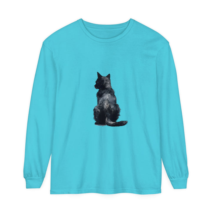 Black Cat Watercolor Long Sleeve T-Shirt featuring a realistic watercolor design of a black cat on a high-quality, comfortable long-sleeve shirt