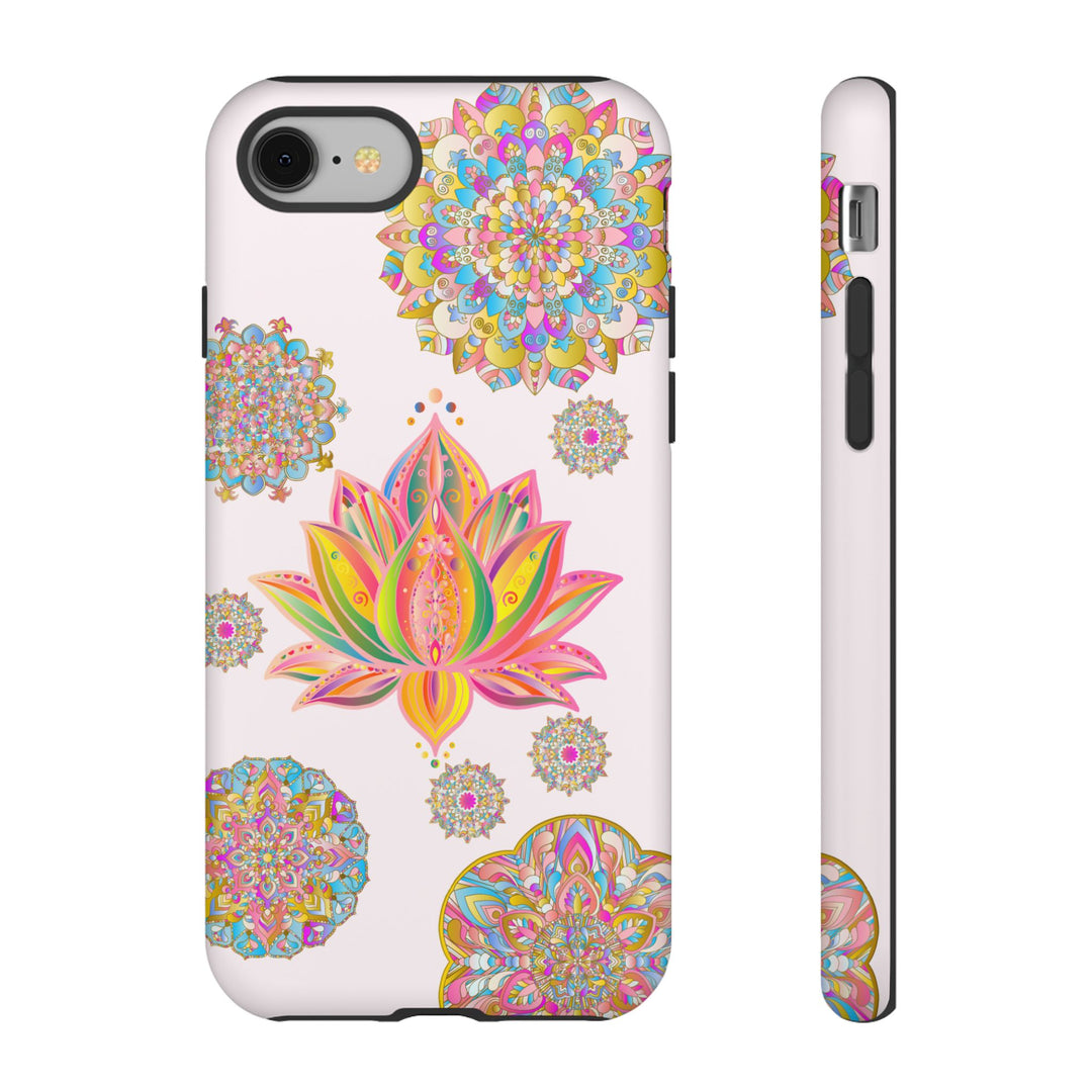 A light pink phone case with a mandala design featuring a beautiful lotus flower