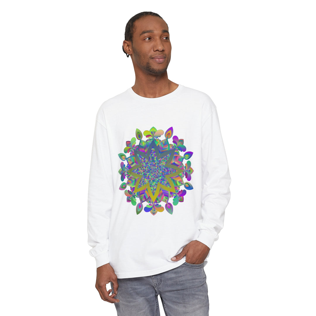 Colorful Mandala Unisex Long Sleeve T-Shirt featuring vibrant, intricate design