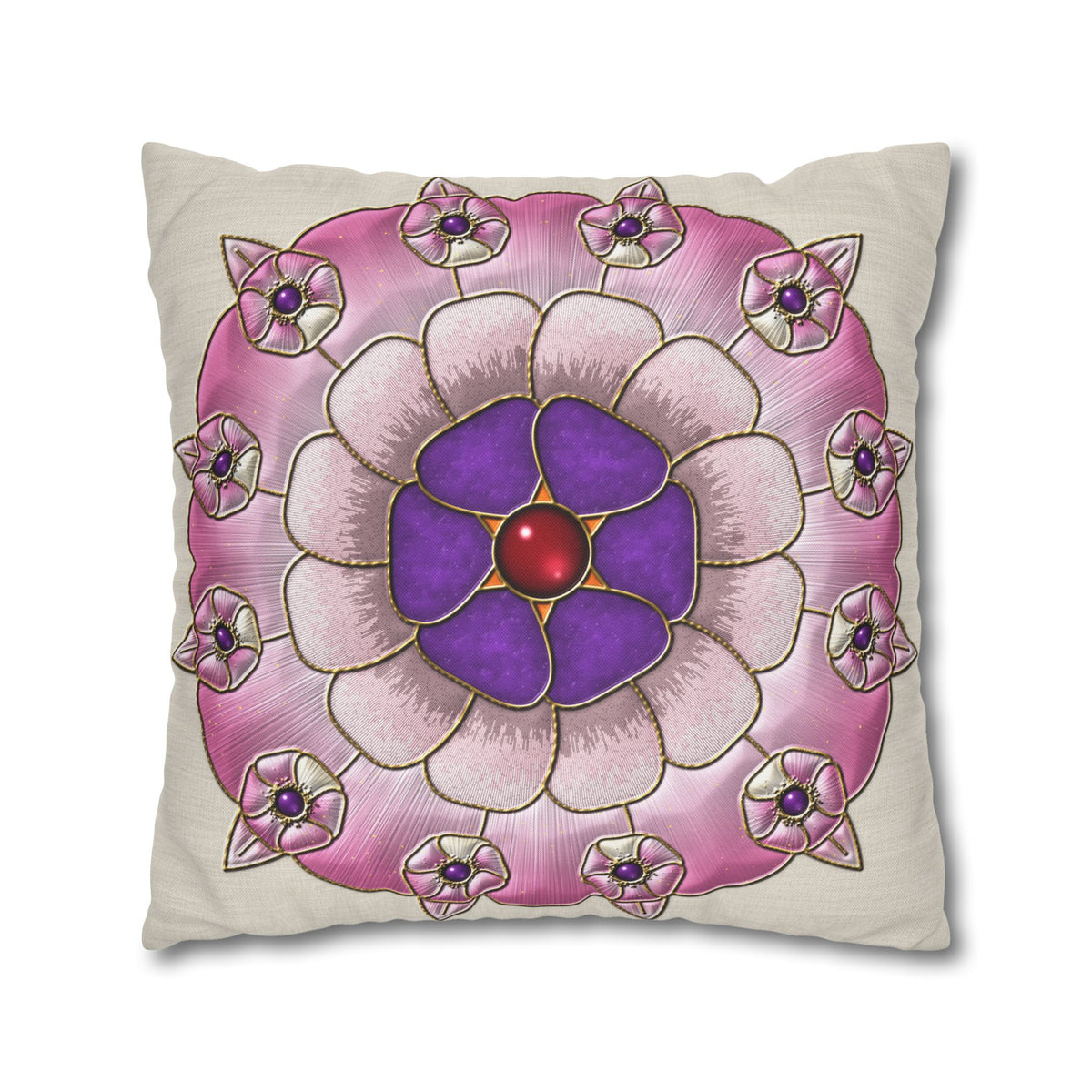 Federa quadrata con motivo a mandala floreale rosa e viola