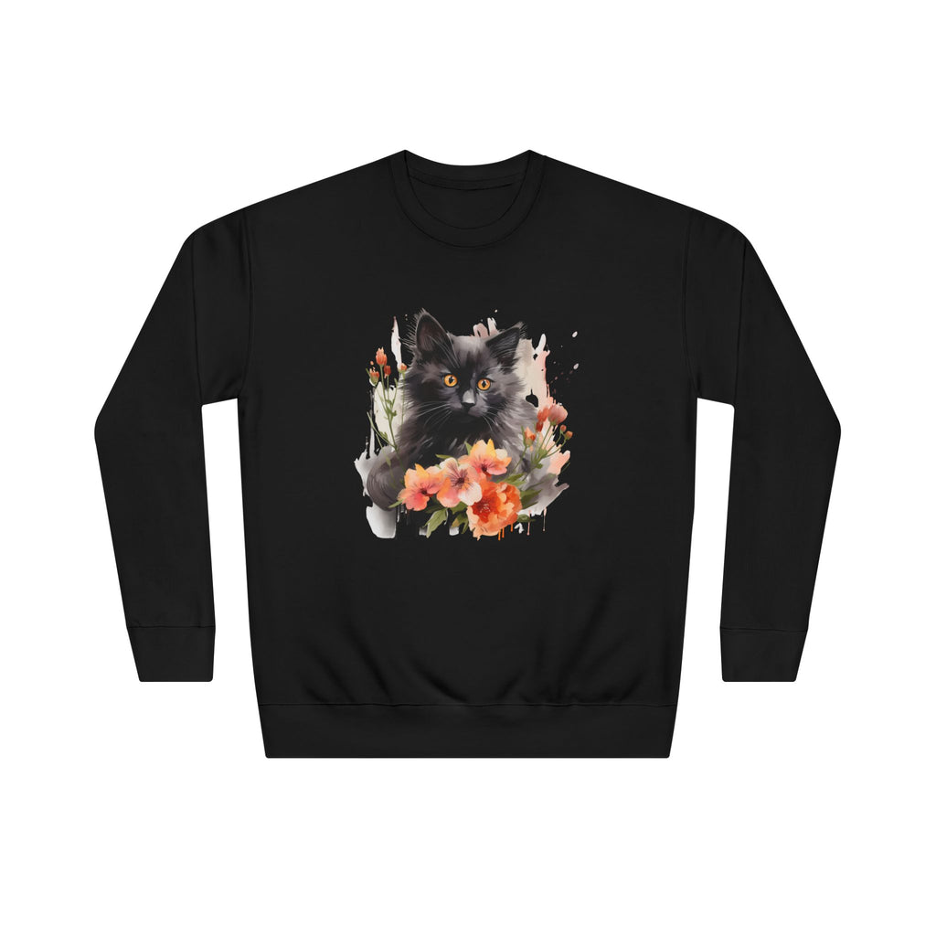 Black Cat and Blossoming Flowers Soft Cotton Sweatshirt