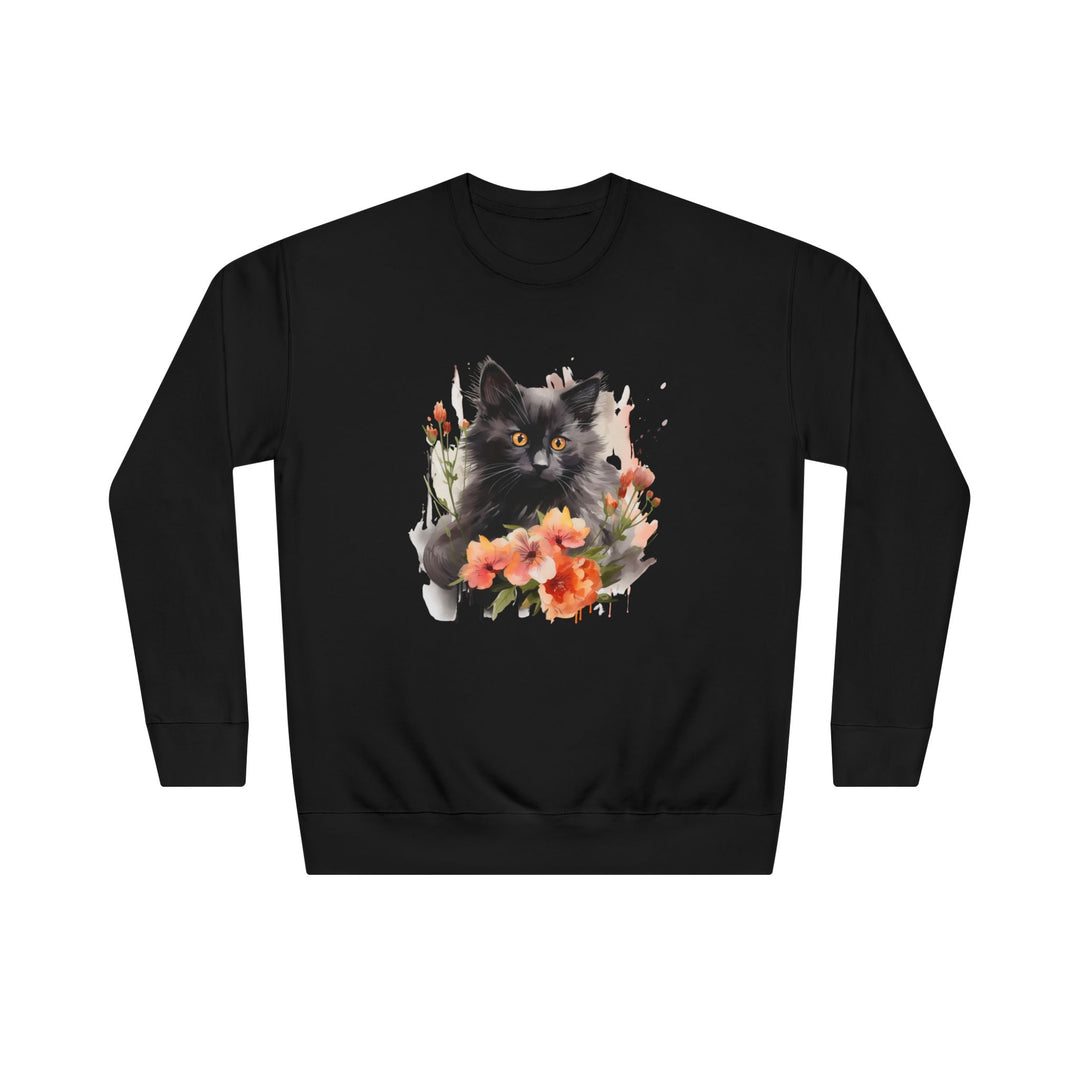 Black Cat and Blossoming Flowers Soft Cotton Sweatshirt