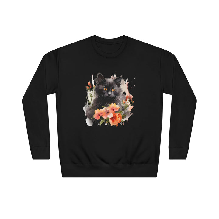 Black Cat and Blossoming Flowers Soft Cotton Sweatshirt