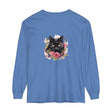 Black Cat Floral Watercolor Long Sleeve T-Shirt, a stylish and comfortable top featuring a unique watercolor design of a black cat surrounded by vibrant flowers