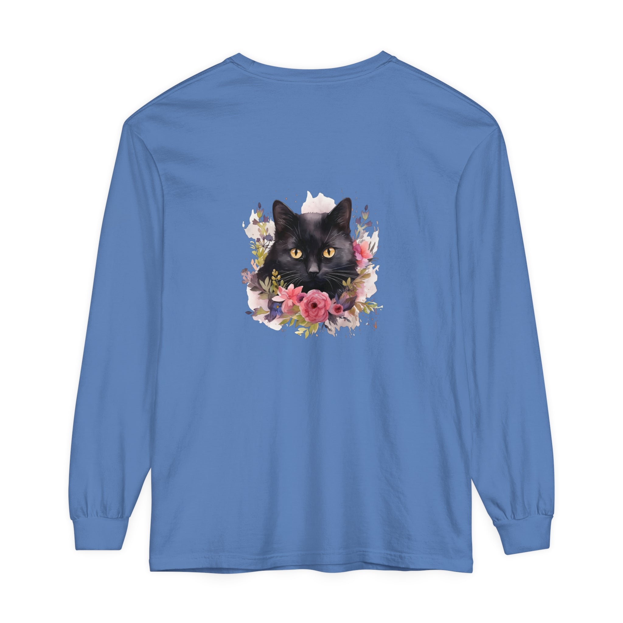 Black Cat Floral Watercolor Long Sleeve T-Shirt, a stylish and comfortable top featuring a unique watercolor design of a black cat surrounded by vibrant flowers