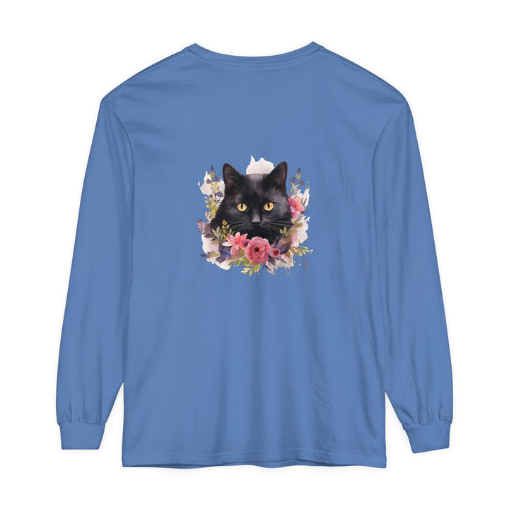 Black Cat Floral Watercolor Long Sleeve T-Shirt, a stylish and comfortable top featuring a unique watercolor design of a black cat surrounded by vibrant flowers