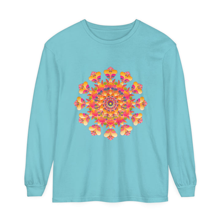 Colorful and intricate mandala design on a long sleeve unisex t-shirt