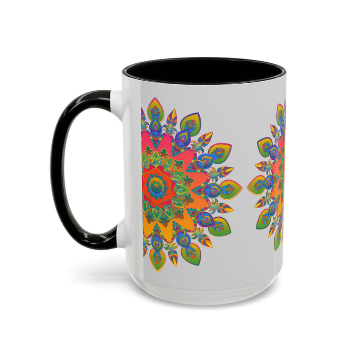 Colorful Mandala Mug featuring intricate and vibrant art on a grey background