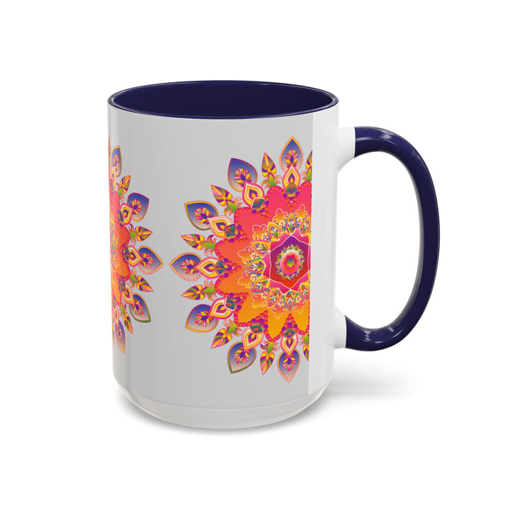 Colorful mandala art mug featuring vibrant hues against a grey background