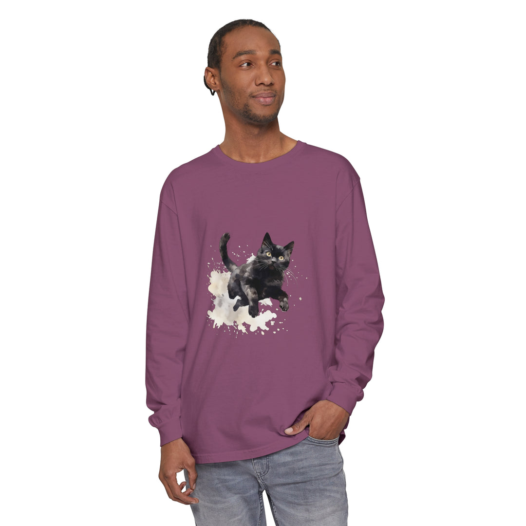 Black Cat Watercolor Splash T-Shirt with vibrant colors and unique design