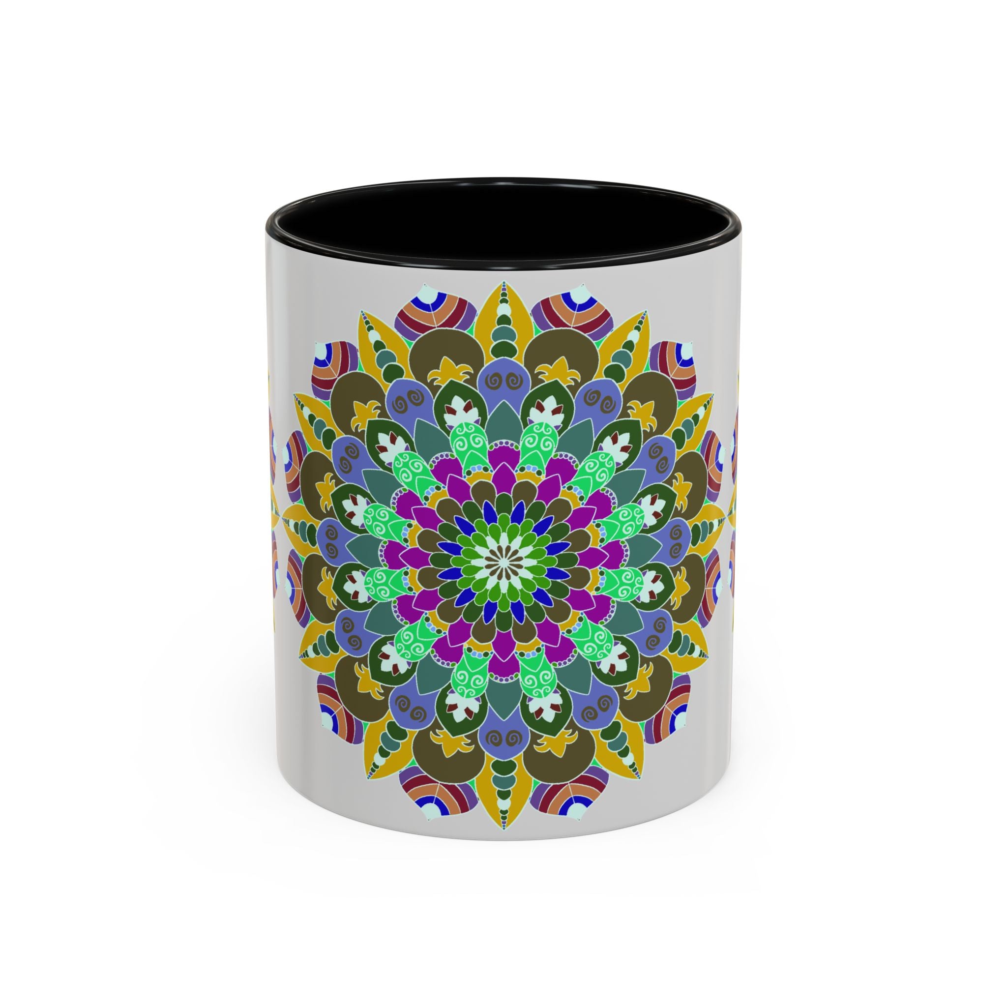 A beautiful ceramic mug featuring a colorful and serene mandala art design