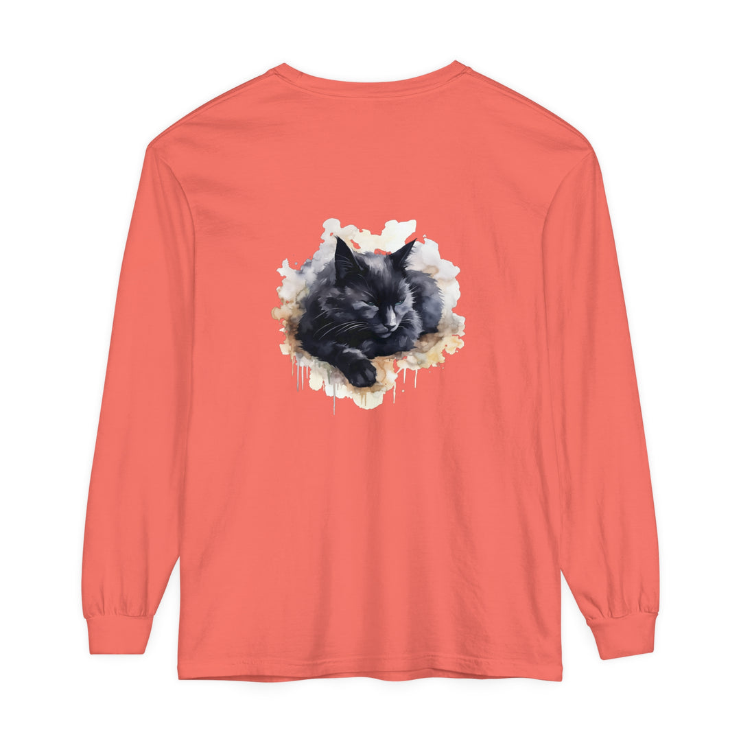 A watercolor illustration of a peaceful black cat sleeping on a t-shirt