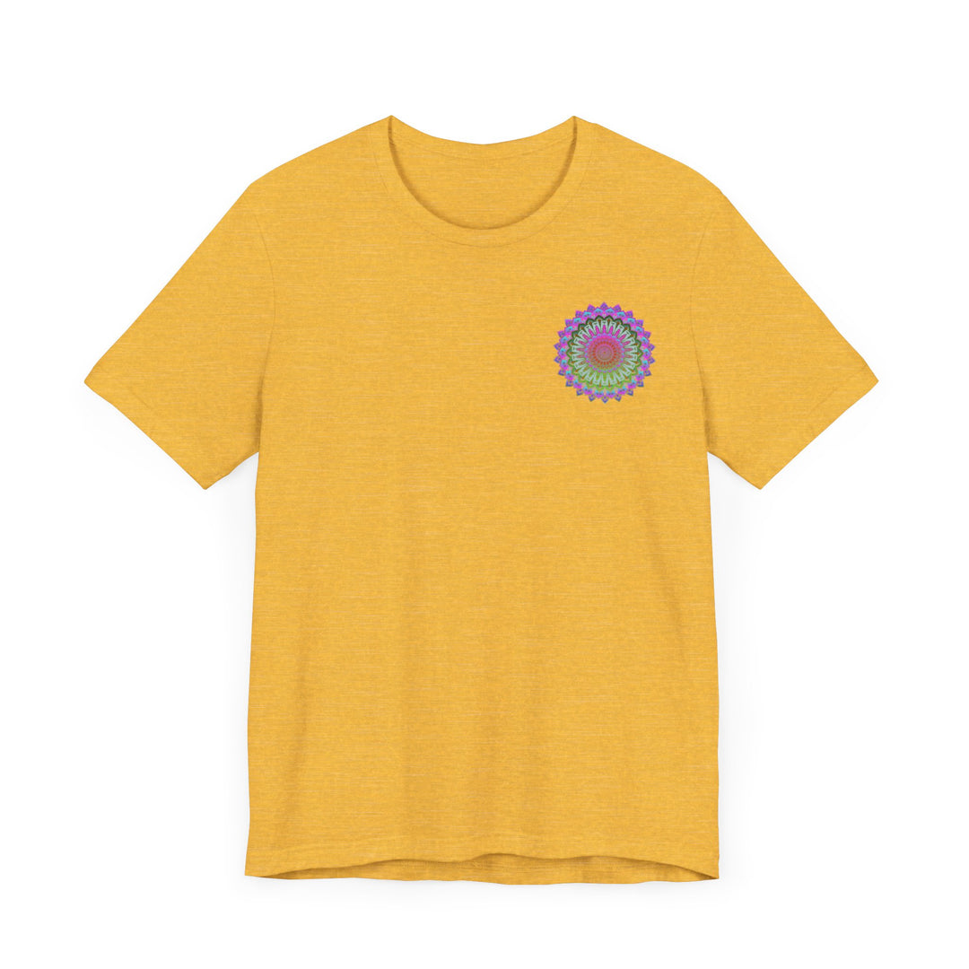 A beautiful and vibrant mandala tee featuring intricate spiritual symbols for peace and harmony