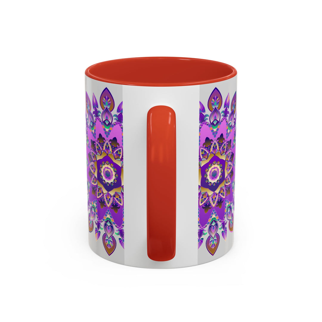 Vibrant purple and gold mandala mug featuring intricate bohemian art design