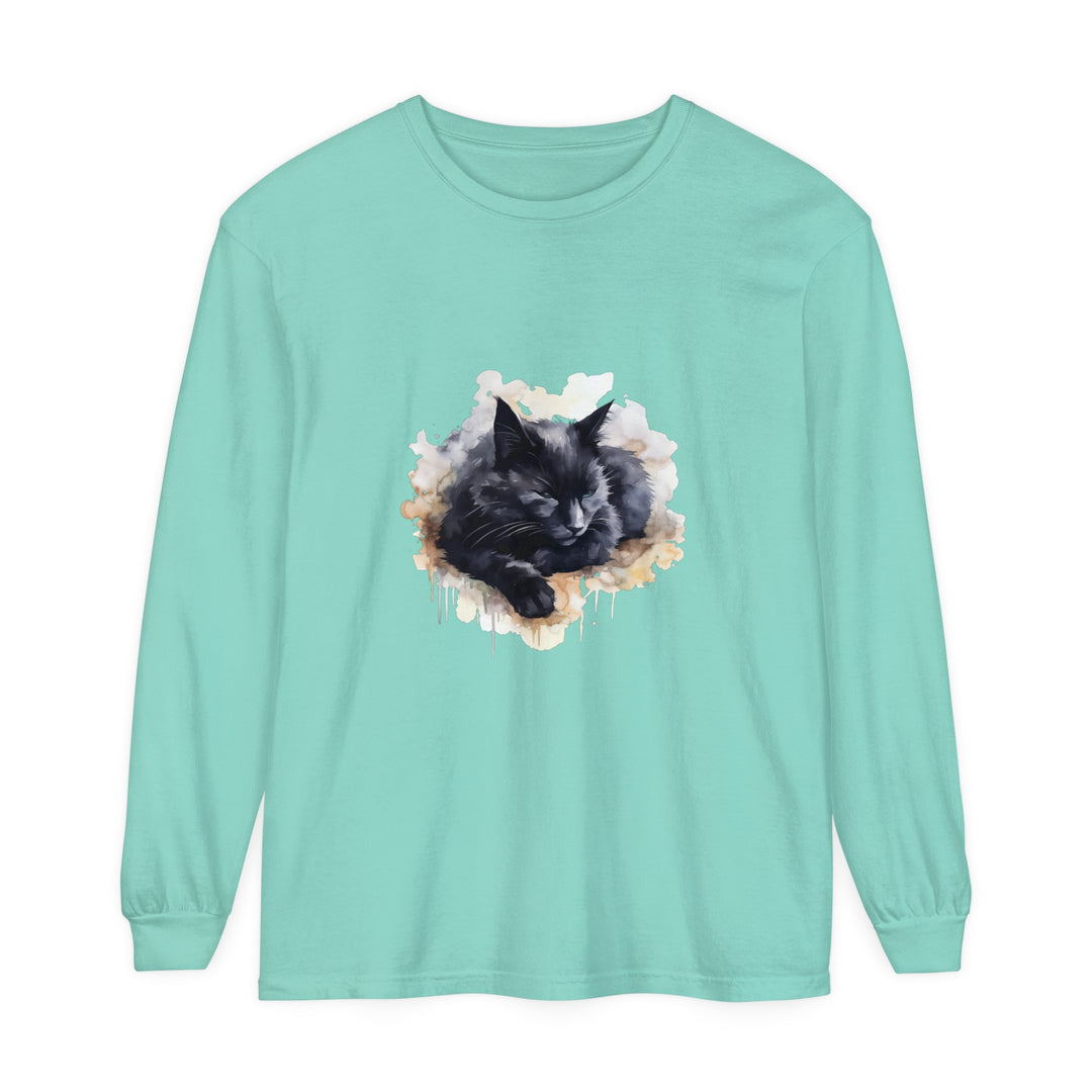 Beautiful watercolor t-shirt featuring a sleeping black cat design