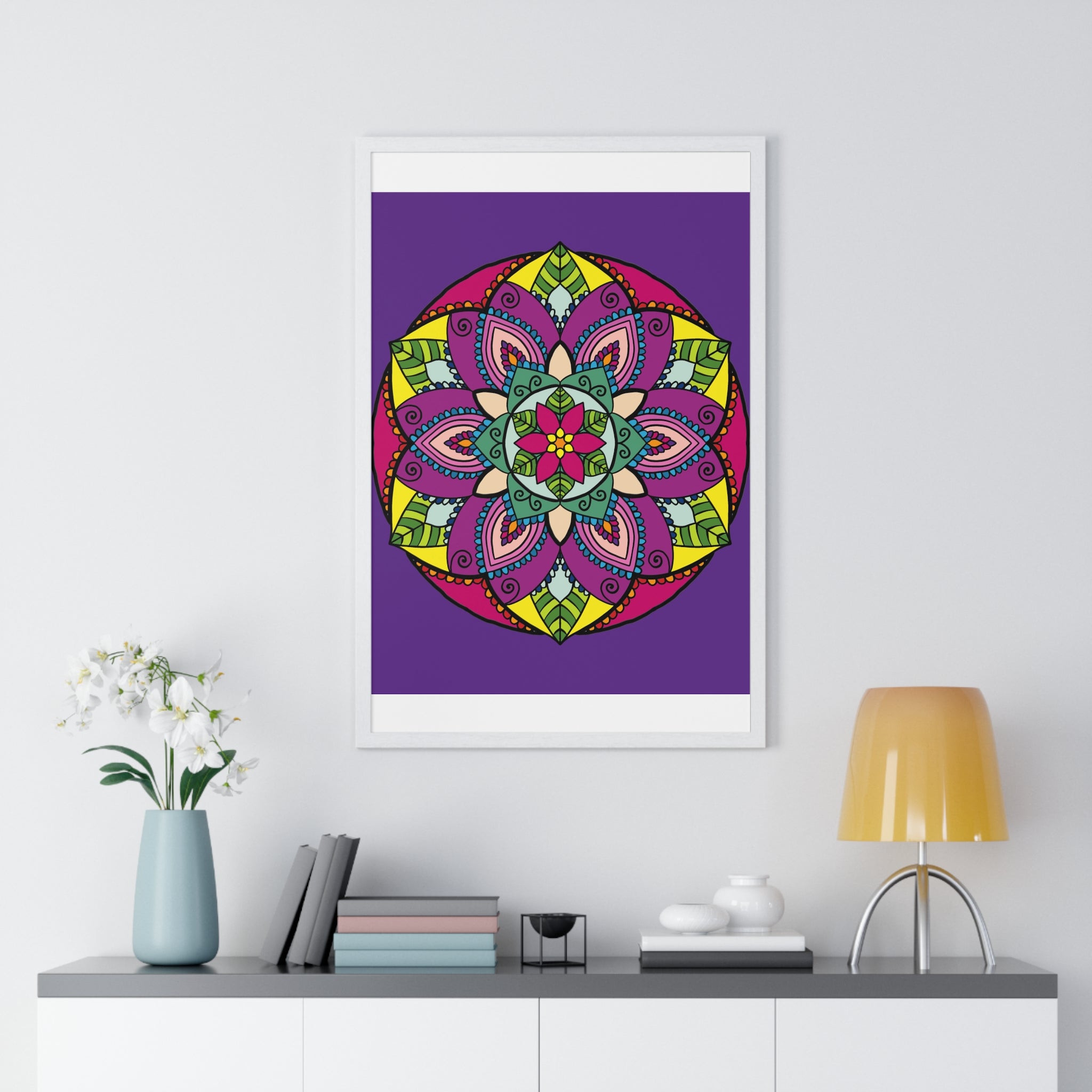 Hand-drawn vertical framed poster featuring a purple mandala, perfect for mindfulness and yoga enthusiasts