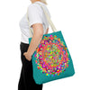 Beautiful aquamarine tote bag featuring a colorful mandala art design