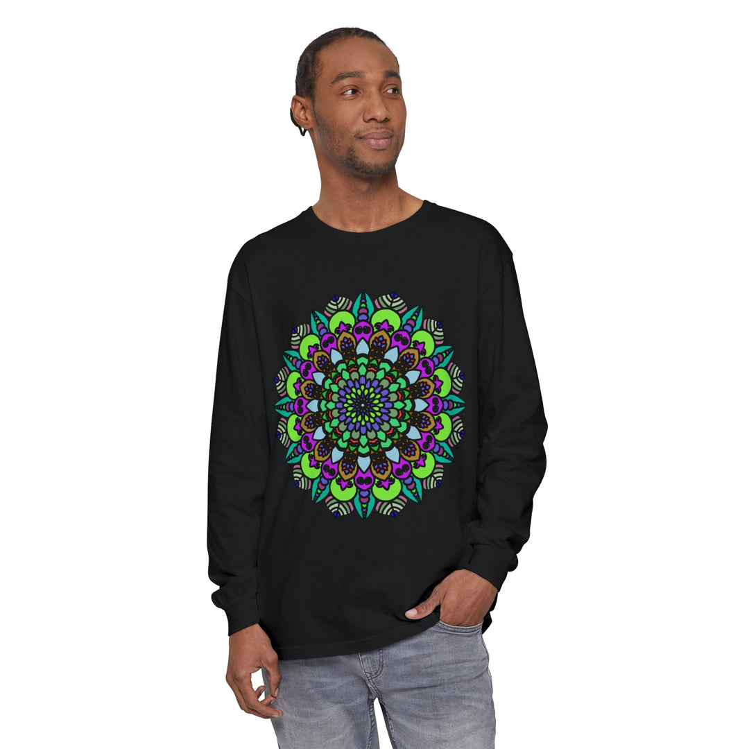 Colorful and intricate psychedelic mandala design on a unisex long sleeve t-shirt