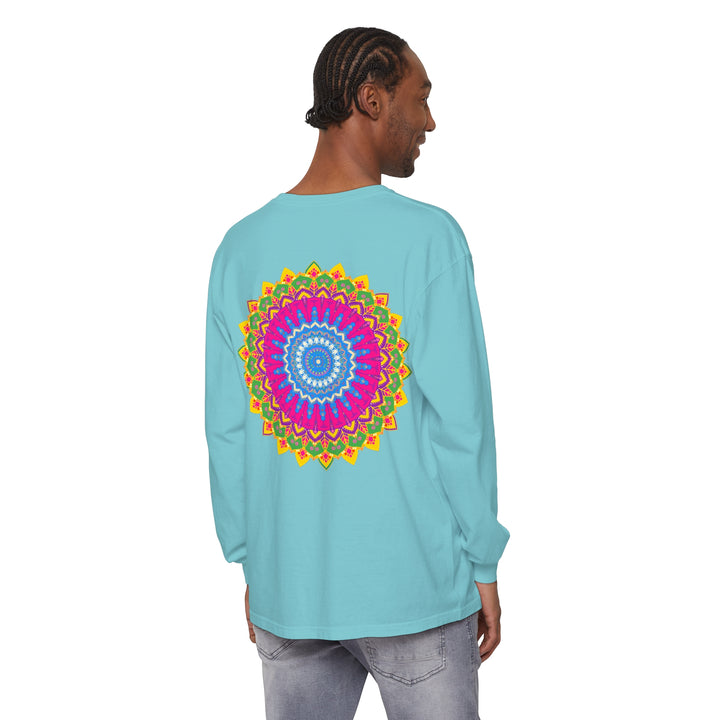 Colorful and intricate mandala design on a unisex long sleeve t-shirt