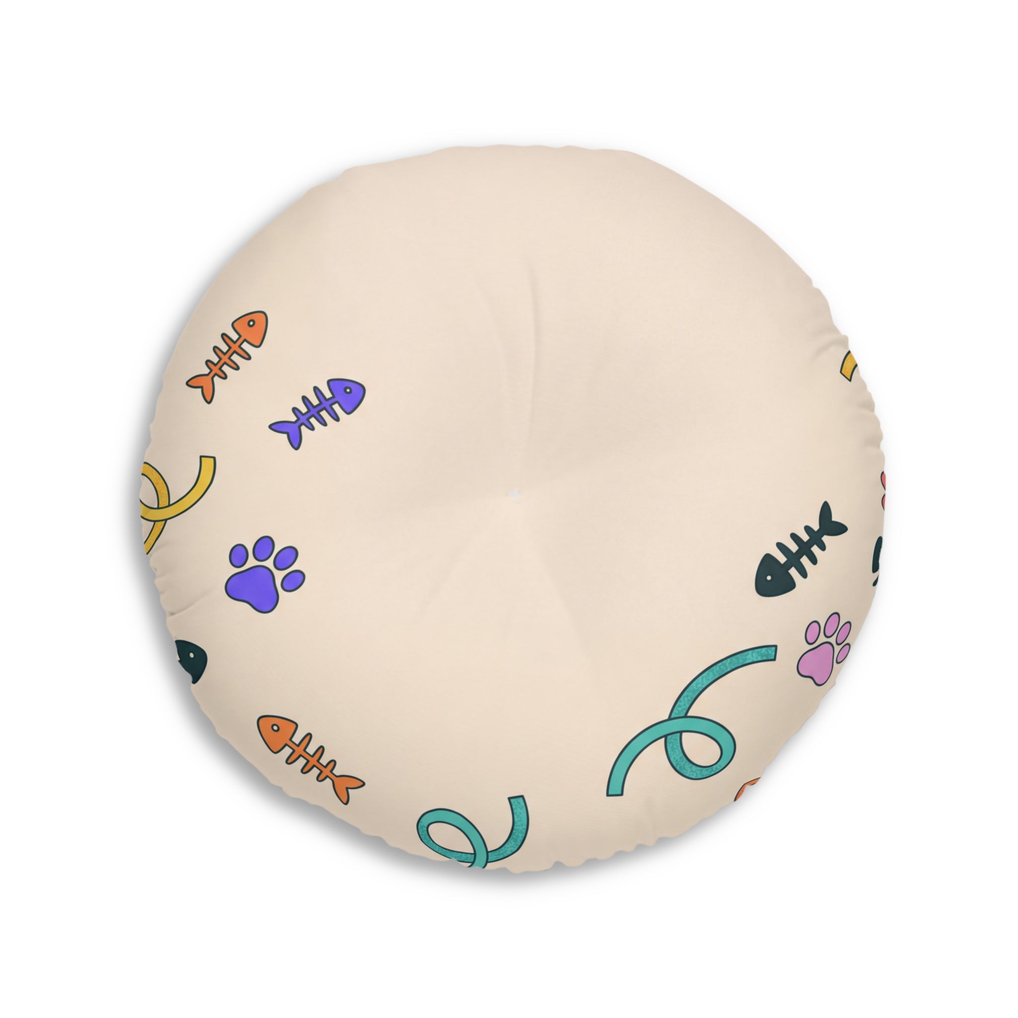 Round Tufted Floor Pillow — Grinning Rainbow Cat Cartoon with Paw Icons