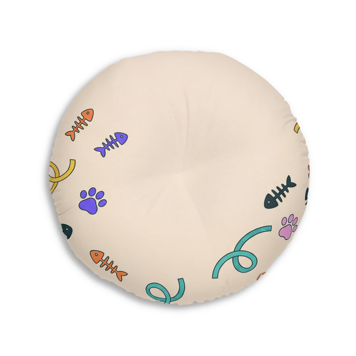 Round Tufted Floor Pillow — Grinning Rainbow Cat Cartoon with Paw Icons