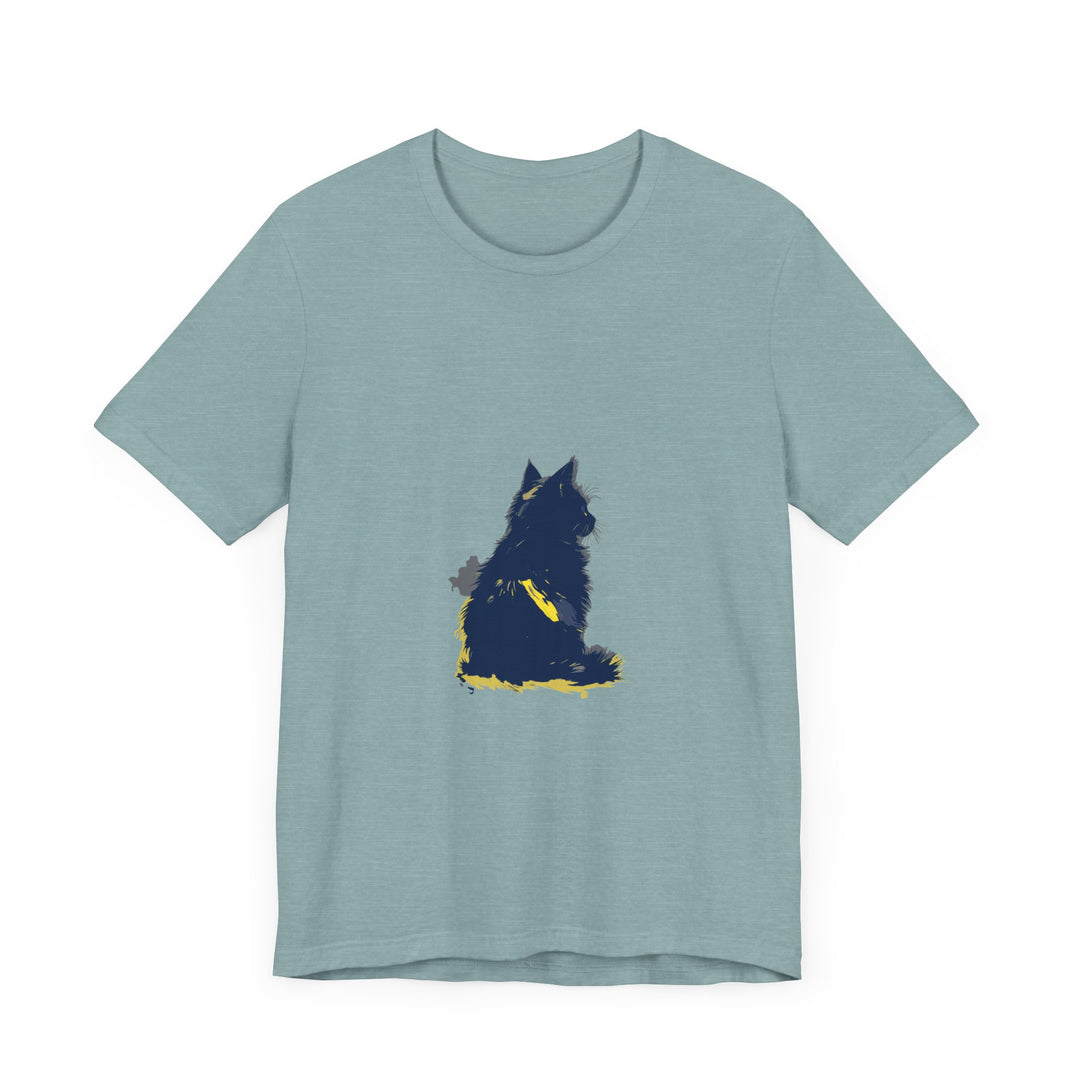 A stylish and trendy blue t-shirt featuring a mysterious cat design