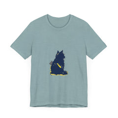 A stylish and trendy blue t-shirt featuring a mysterious cat design