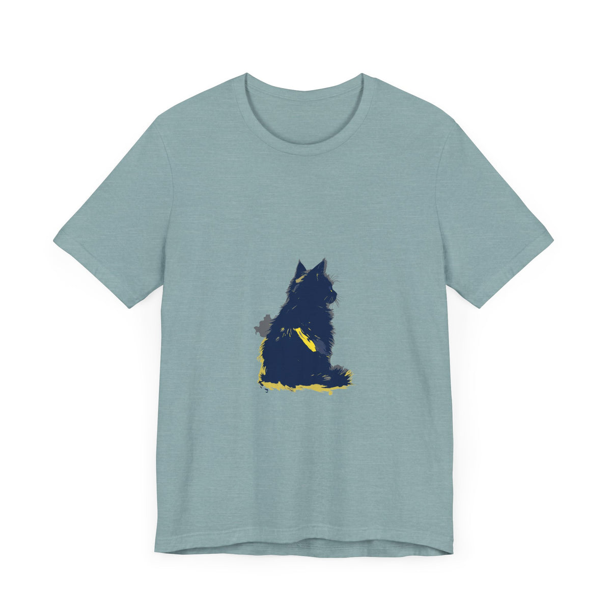 A stylish and trendy blue t-shirt featuring a mysterious cat design
