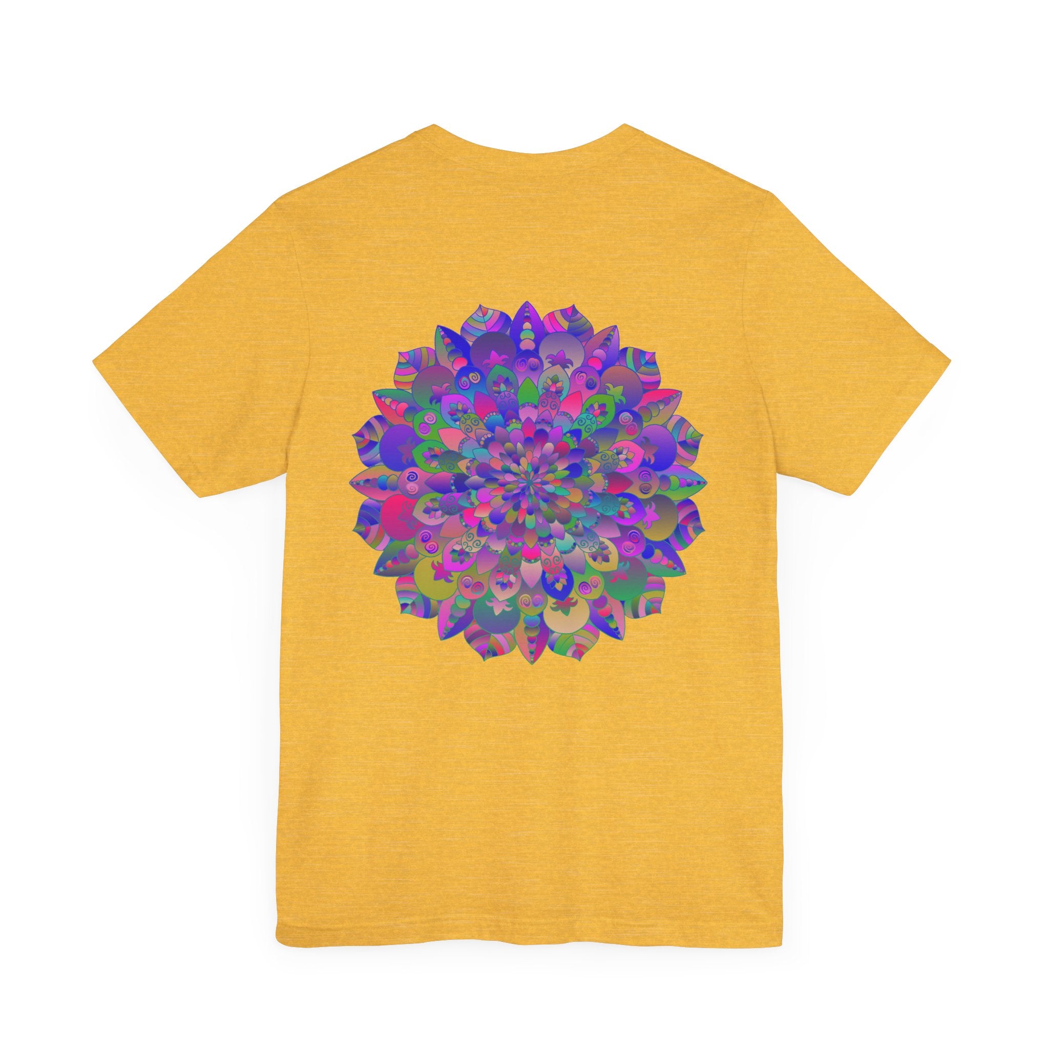 A colorful and intricate mandala design tee promoting spiritual peace and harmony