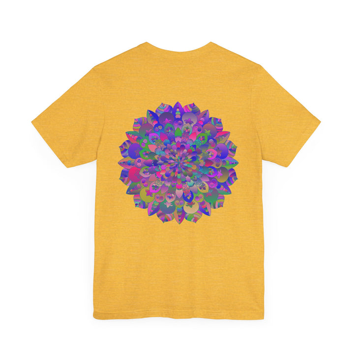 A colorful and intricate mandala design tee promoting spiritual peace and harmony