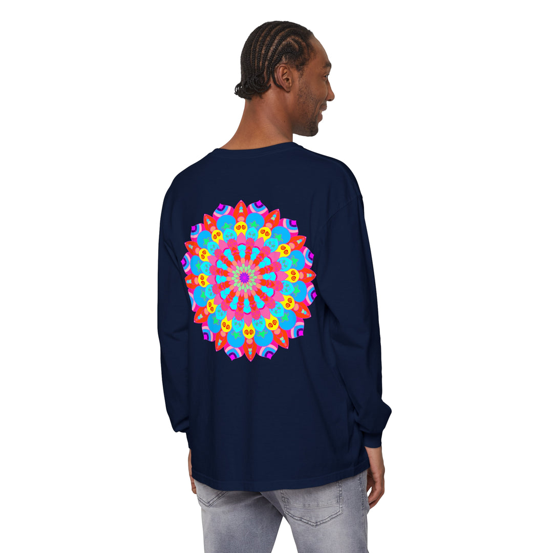 Vibrant, multicolored mandala design long sleeve t-shirt for all genders