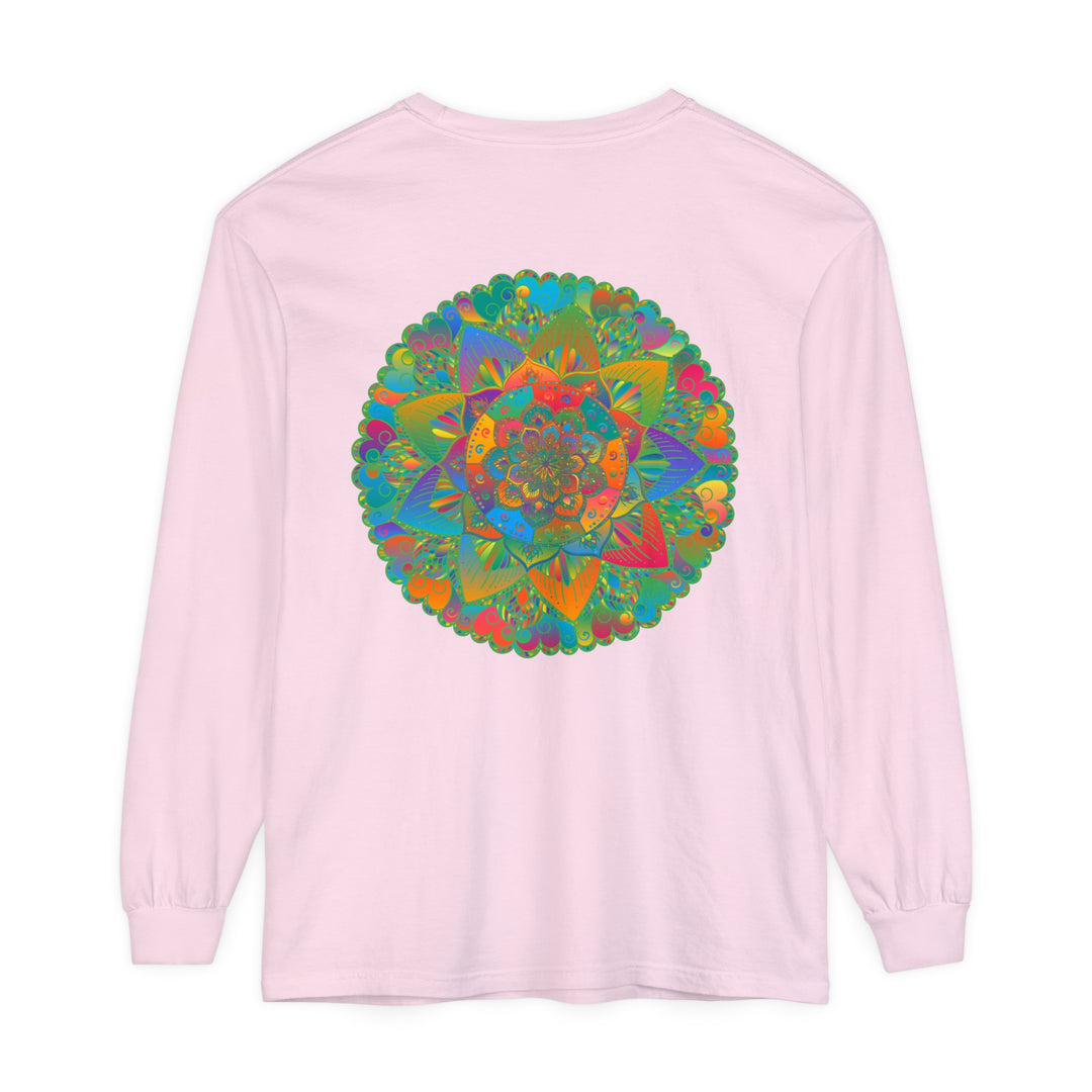 Colorful mandala design on a unisex long sleeve t-shirt for men and women