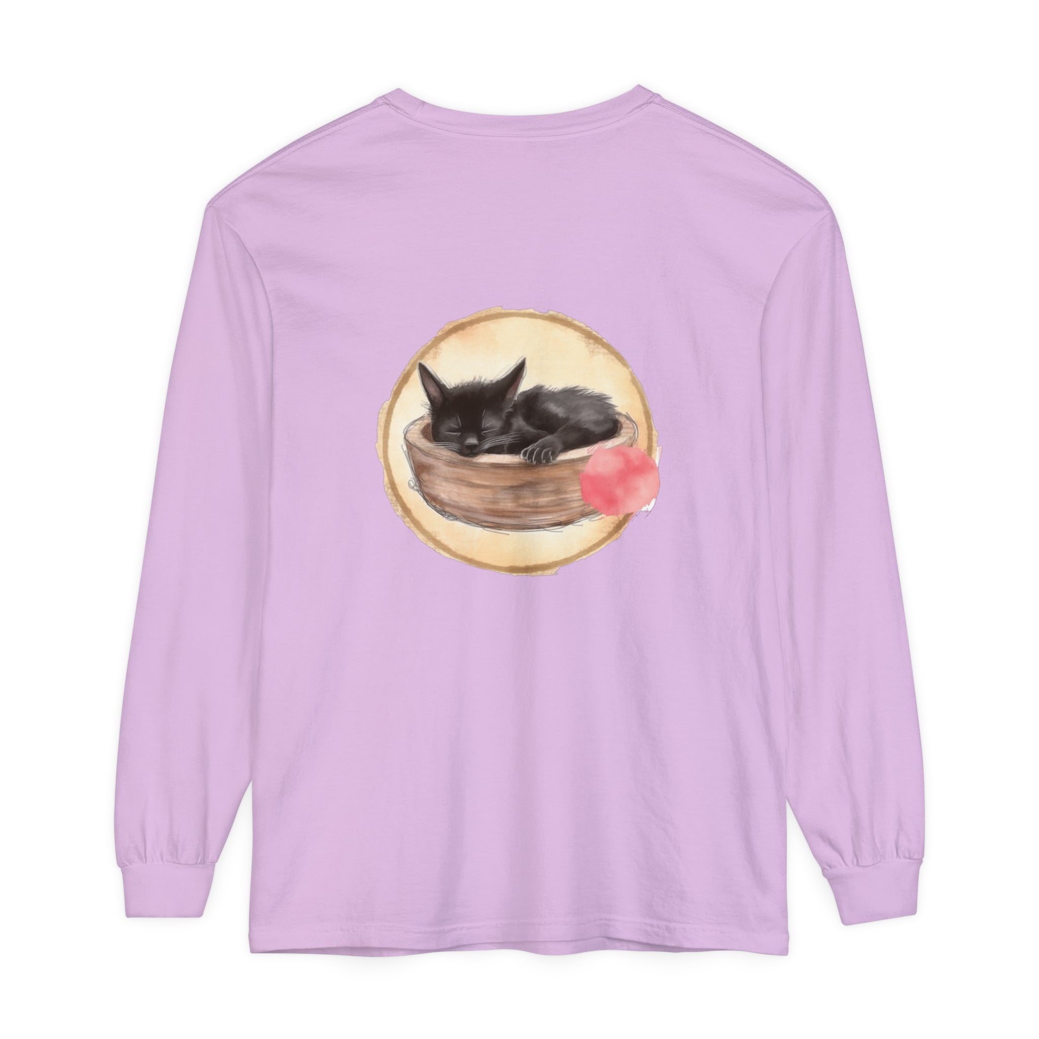 Sleeping grey and white tabby cat curled up in a watercolor-style bowl on a long sleeve t-shirt