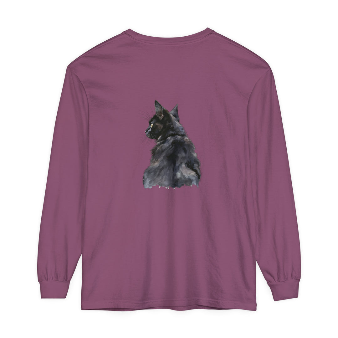 Black Cat Watercolor - Long Sleeve T-Shirt in black color, featuring a beautiful watercolor illustration of a black cat sitting on a tree branch with a full moon in the background