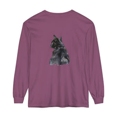 Black Cat Watercolor - Long Sleeve T-Shirt in black color, featuring a beautiful watercolor illustration of a black cat sitting on a tree branch with a full moon in the background