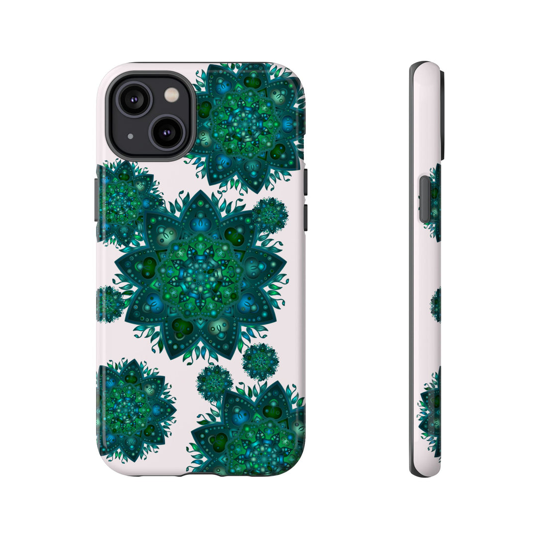 Beautiful light pink and green mandala phone case with a peaceful and intricate design, perfect for adding a touch of serenity to your device