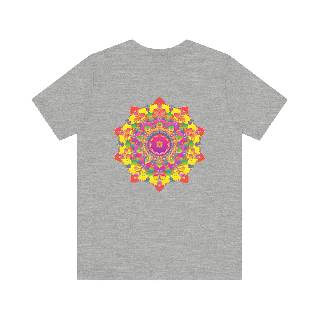 A colorful and intricate mandala design tee promoting spiritual peace and harmony