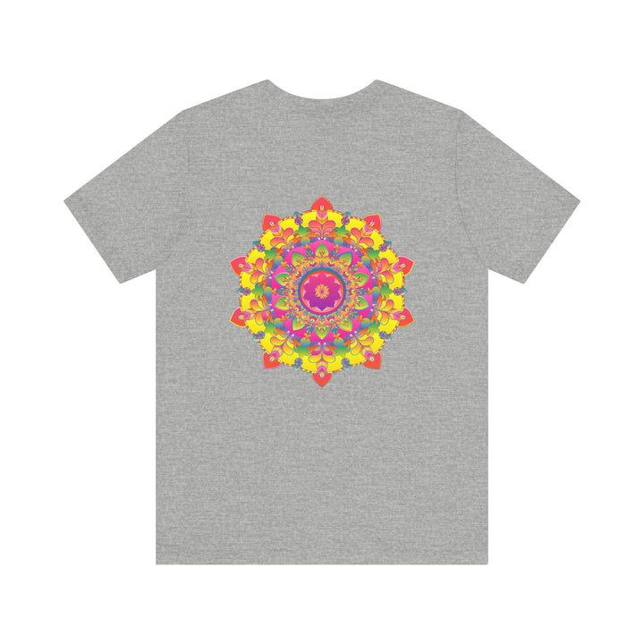 A colorful and intricate mandala design tee promoting spiritual peace and harmony