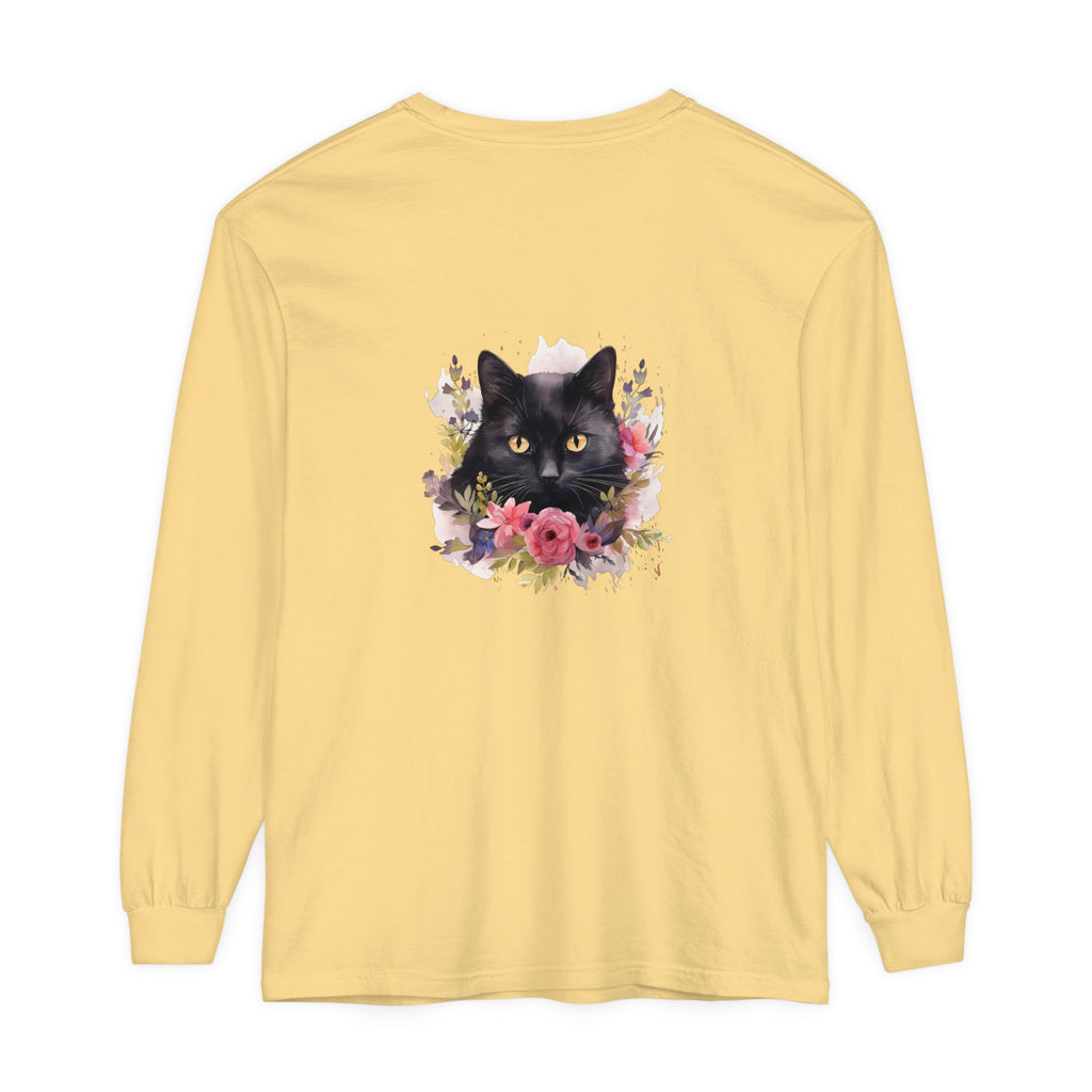 Black Cat Floral Watercolor Long Sleeve T-Shirt featuring a beautiful watercolor design of a black cat surrounded by colorful flowers on a long sleeve t-shirt